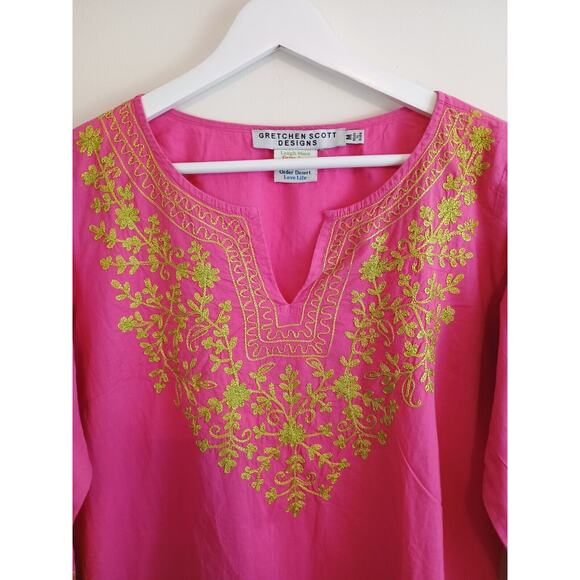 Gretchen Scott Tunic Womens Medium Pink Embroidered Floral Hipster Boho Blouse - Picture 4 of 6